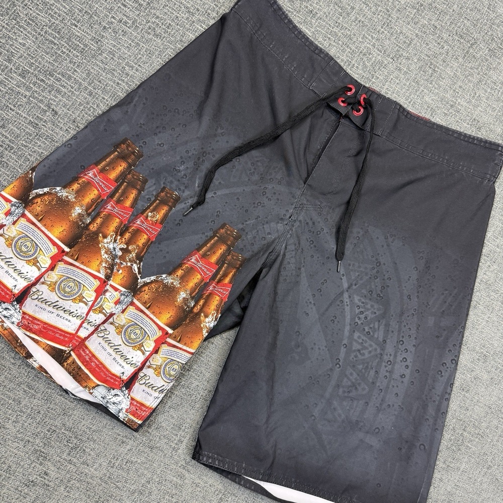 Budweiser Board Shorts Mens XL Beer Bottle Graphic Swim Trunks Black‎ Red Surf